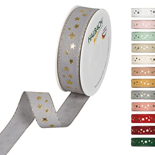 Halbach Seidenbänder 295 Sterne Geschenkband Weihnachten, Polyester, Grau, 2.5 cm von Halbach Seidenbänder