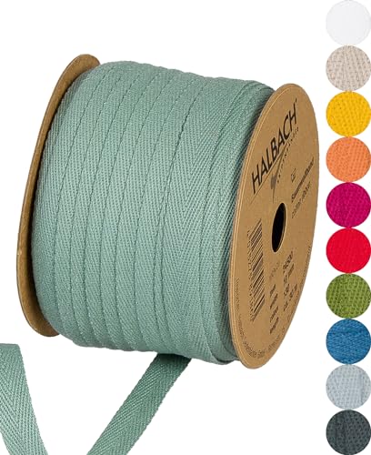 Halbach Seidenbänder Baumwollband 10 mm x 30 m, Bänder zum Basteln als Meterware, Stoffband für Dekorationen, Webband 100% Baumwolle DIY Handwerk, Schrägband Näharbeiten, Farbe: sage green, 24500 von Halbach Seidenbänder