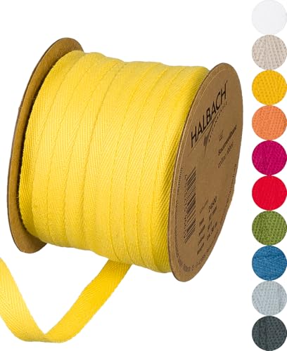 Halbach Seidenbänder Baumwollband | 10mm x 30m | Webband 100% Baumwolle | Bänder zum Basteln als Meterware | Stoffband für Dekorationen, DIY Handwerk, Schrägband Näharbeiten, Farbe: gelb von Halbach Seidenbänder