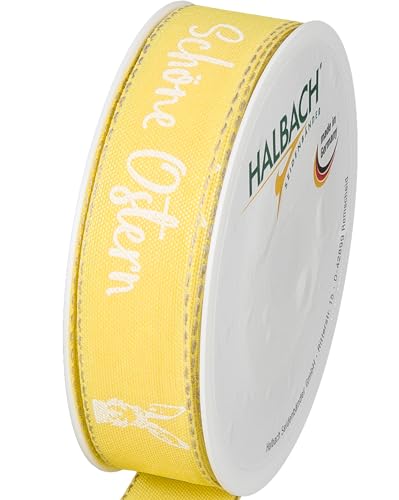 Halbach Seidenbänder Druckband Ostern | 25mm x 18m | Dekoband für Ostern Schriftzug "Schöne Ostern" | Schleifenband Leinen für Ostergeschenke | Farbe: lemon/weiß von Halbach