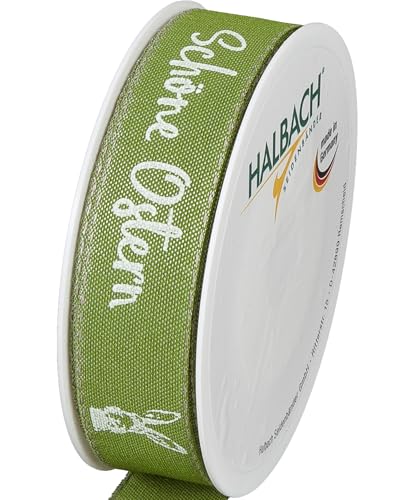 Halbach Seidenbänder Druckband Ostern | 25mm x 18m | Dekoband für Ostern Schriftzug "Schöne Ostern" | Schleifenband Leinen für Ostergeschenke | Farbe: moosgrün/weiß von Halbach Seidenbänder