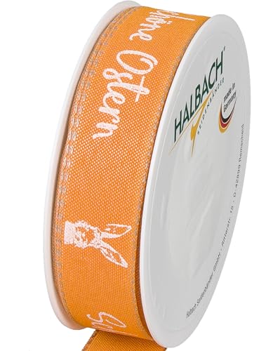 Halbach Seidenbänder Druckband Ostern | 25mm x 18m | Dekoband für Ostern Schriftzug "Schöne Ostern" | Schleifenband Leinen für Ostergeschenke | Farbe: orange/weiß von Halbach