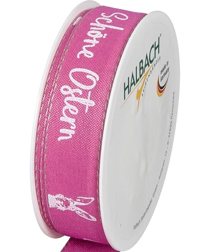 Halbach Seidenbänder Druckband Ostern | 25mm x 18m | Dekoband für Ostern Schriftzug "Schöne Ostern" | Schleifenband Leinen für Ostergeschenke | Farbe: pink/weiß von Halbach