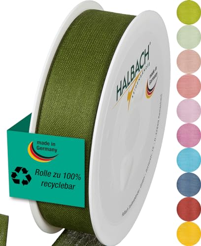 Halbach Seidenbänder Geschenkband | Breite 25mm Länge 25m | Schleifenband made in Germany | Geschenkbänder in Vielzahl von Farben und Breiten, perfekt zum Verpacken und Dekorieren, Farbe: moosgrün von Halbach Seidenbänder