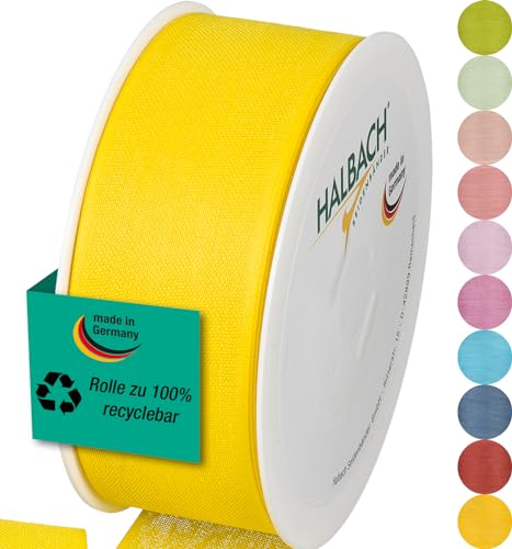 Halbach Seidenbänder Geschenkband | Breite 40mm Länge 25m | Schleifenband made in Germany | Geschenkbänder in Vielzahl von Farben und Breiten, perfekt zum Verpacken und Dekorieren, Farbe: lemon von Halbach