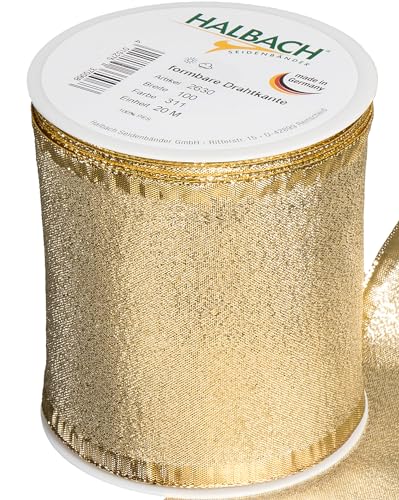 Halbach Seidenbänder Geschenkband Gold - made in Germany - mit formbaren Drahtkanten | 100mm x 25m | Edles goldenes Band für Hochzeit oder Weihnachten von Halbach Seidenbänder