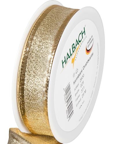 Halbach Seidenbänder Geschenkband Gold - made in Germany - mit formbaren Drahtkanten | 25mm x 25m | Edles goldenes Band für Hochzeit oder Weihnachten von Halbach Seidenbänder