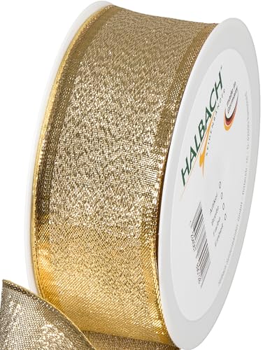 Halbach Seidenbänder Geschenkband Gold - made in Germany - mit formbaren Drahtkanten | 40mm x 25m | Edles goldenes Band für Hochzeit oder Weihnachten von Halbach Seidenbänder