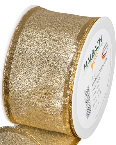 Halbach Seidenbänder Geschenkband Gold - made in Germany - mit formbaren Drahtkanten | 60mm x 25m | Edles goldenes Band für Hochzeit oder Weihnachten von Halbach Seidenbänder