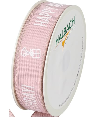 Halbach Seidenbänder Geschenkband "HAPPY BIRTHDAY" | Breite 25mm Länge 18m | Geschenkband Geburtstag | Schleifenband für Geburtstagsdeko | Farbe: blassrosa/weiß von Halbach