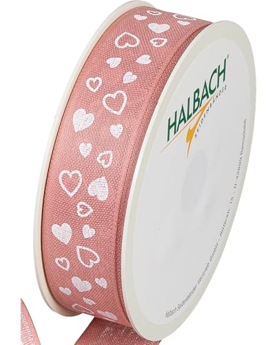 Halbach Seidenbänder Geschenkband "Herzen" | Breite 25mm Länge 18m | Druckband mit Herz Motiv | Perfektes Band für Hochzeit oder Valentinstag | Farbe: blush rose/weiß von Halbach Seidenbänder