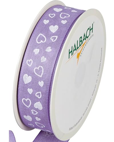 Halbach Seidenbänder Geschenkband "Herzen" | Breite 25mm Länge 18m | Druckband mit Herz Motiv | Perfektes Band für Hochzeit oder Valentinstag | Farbe: lavendel/weiß von Halbach Seidenbänder