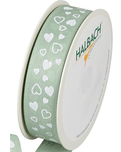 Halbach Seidenbänder Geschenkband "Herzen" | Breite 25mm Länge 18m | Druckband mit Herz Motiv | Perfektes Band für Hochzeit oder Valentinstag | Farbe: mint/weiß von Halbach Seidenbänder