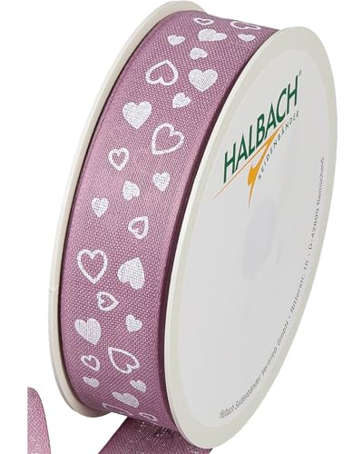 Halbach Seidenbänder Geschenkband "Herzen" | Breite 25mm Länge 18m | Druckband mit Herz Motiv | Perfektes Band für Hochzeit oder Valentinstag | Farbe: pale berry/weiß von Halbach Seidenbänder