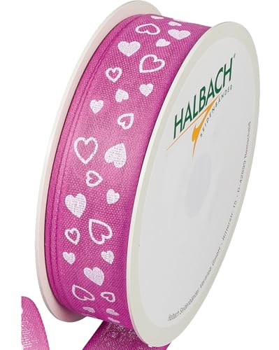 Halbach Seidenbänder Geschenkband "Herzen" | Breite 25mm Länge 18m | Druckband mit Herz Motiv | Perfektes Band für Hochzeit oder Valentinstag | Farbe: rosenpink/weiß von Halbach Seidenbänder