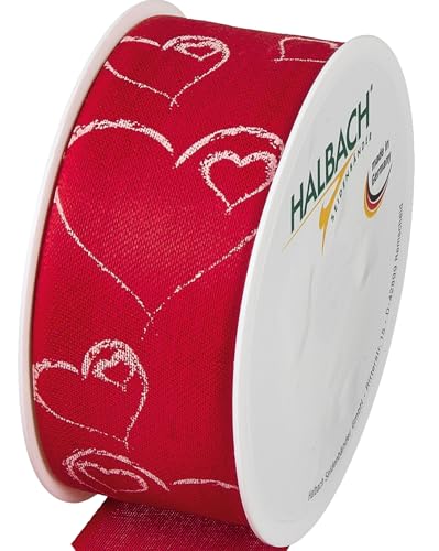 Halbach Seidenbänder Geschenkband "Herzen" | Breite 40mm Länge 16m | Druckband mit Herz Motiv in Baumwoll-Optik | Perfektes Dekoband für Hochzeit oder Valentinstag | Farbe: rot/weiß von Halbach Seidenbänder