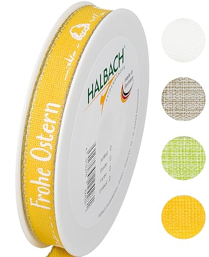 Halbach Seidenbänder Geschenkband Ostern - 15mm x 20m - Dekoband für Ostern Schriftzug "Frohe Ostern" - Schleifenband Leinen für Ostergeschenke - Farbe: gelb/weiß von Halbach Seidenbänder