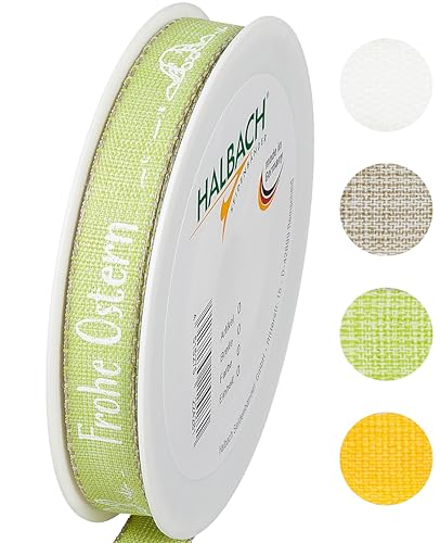 Halbach Seidenbänder Geschenkband Ostern - 15mm x 20m - Dekoband für Ostern Schriftzug "Frohe Ostern" - Schleifenband Leinen für Ostergeschenke - Farbe: grün/weiß von Halbach Seidenbänder