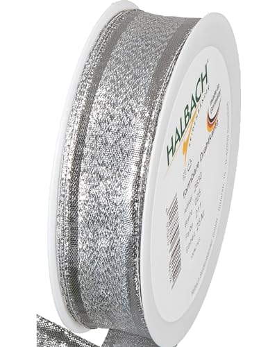 Halbach Seidenbänder Geschenkband Silber - made in Germany - mit formbaren Drahtkanten | 25mm x 25m | Edles goldenes Band für Hochzeit oder Weihnachten von Halbach Seidenbänder