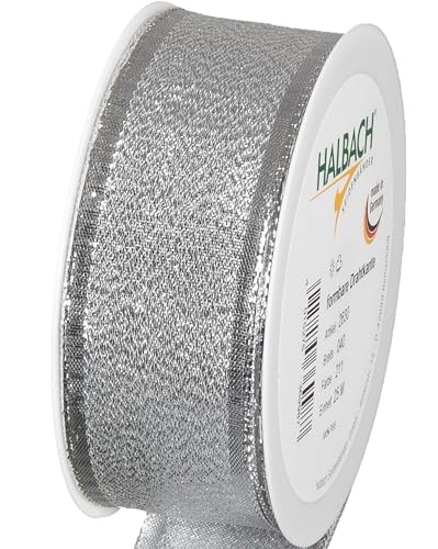 Halbach Seidenbänder Geschenkband Silber - made in Germany - mit formbaren Drahtkanten | 40mm x 25m | Edles goldenes Band für Hochzeit oder Weihnachten von Halbach Seidenbänder