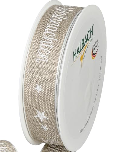 Halbach Seidenbänder Geschenkband Weihnachten Schöne Weihnachten aus Leinen 25mm x 15 m Geschenkband Natur zum Einpacken von Geschenken, Schleifenband Leinen mit Drahtkanten, natural/white, 1058 von Halbach Seidenbänder