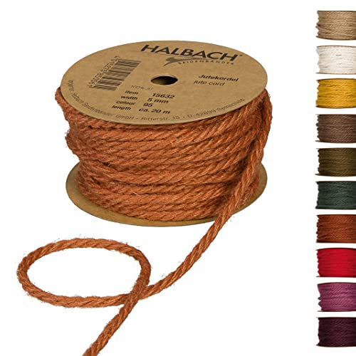 Halbach Seidenbänder Premium Juteschnur | Breite: 5mm Länge: 20m | Juteseil für Dekorationen, Jutekordel aus 100% natürlicher Jute für Garten und Geschenkverpackungen, Farbe: Cognac von Halbach Seidenbänder