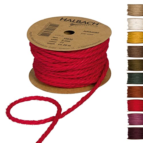 Halbach Seidenbänder Premium Juteschnur | Breite: 5mm Länge: 20m | Juteseil für Dekorationen, Jutekordel aus 100% natürlicher Jute für Garten und Geschenkverpackungen, Farbe: Rot von Halbach Seidenbänder