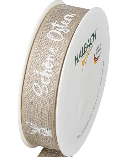 Halbach Seidenbänder Leinenband Ostern | 25mm x 15m | Dekoband für Ostern Schriftzug "Schöne Ostern" | Schleifenband Leinen für Ostergeschenke | Farbe: weiß von Halbach