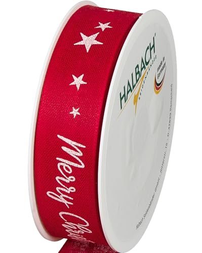 Halbach Seidenbänder Premium Geschenkband Weihnachten "Merry Christmas" | Breite 25mm Länge 18m | Weihnachtsband für Geschenke & Christbaum | Made in Germany, Farbe: rot/weiß von Halbach Seidenbänder