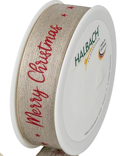 Halbach Seidenbänder Premium Geschenkband Weihnachten aus Leinen | Breite 25mm Länge 15m | Weihnachtsbänder mit Draht für Geschenke & Christbaum | Made in Germany, Farbe: natur/rot von Halbach Seidenbänder