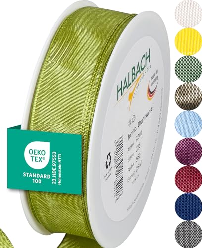 Halbach Seidenbänder Premium Geschenkband mit Drahtkante | Breite 25mm Länge 25m | Öko-Tex 100 zertifiziertes Schleifenband | Taftband Made in Germany, Farbe: grün von Halbach Seidenbänder