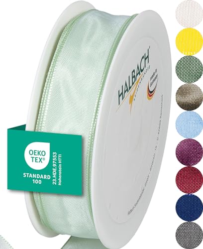 Halbach Seidenbänder Premium Geschenkband mit Drahtkante | Breite 25mm Länge 25m | Öko-Tex 100 zertifiziertes Schleifenband | Taftband Made in Germany, Farbe: light mint von Halbach Seidenbänder