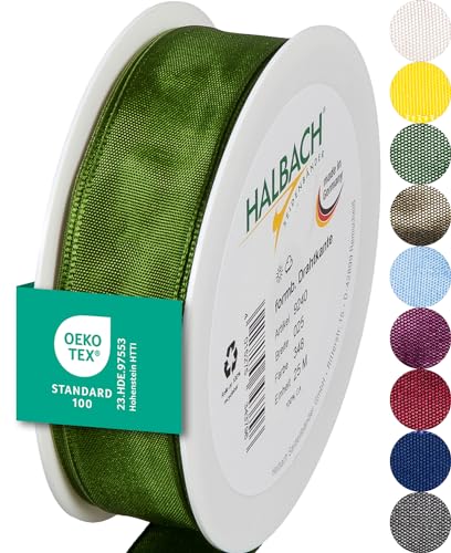 Halbach Seidenbänder Premium Geschenkband mit Drahtkante | Breite 25mm Länge 25m | Öko-Tex 100 zertifiziertes Schleifenband | Taftband Made in Germany, Farbe: moosgrün von Halbach Seidenbänder