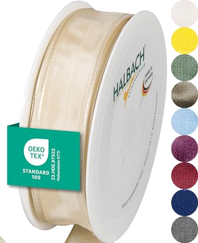 Halbach Seidenbänder Premium Geschenkband mit Drahtkante | Breite 25mm Länge 25m | Öko-Tex 100 zertifiziertes Schleifenband | Taftband Made in Germany, Farbe: sand von Halbach Seidenbänder