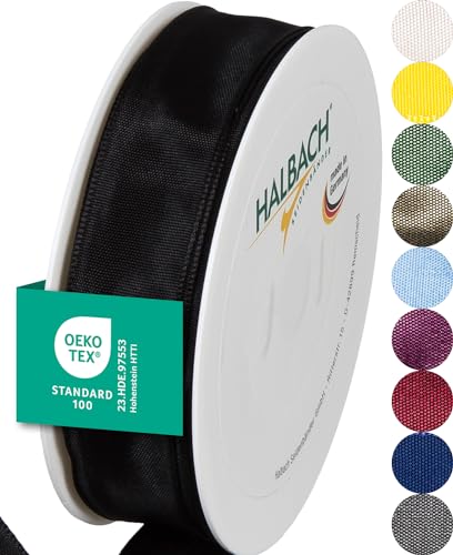 Halbach Seidenbänder Premium Geschenkband mit Drahtkante | Breite 25mm Länge 25m | Öko-Tex 100 zertifiziertes Schleifenband | Taftband Made in Germany, Farbe: schwarz von Halbach Seidenbänder