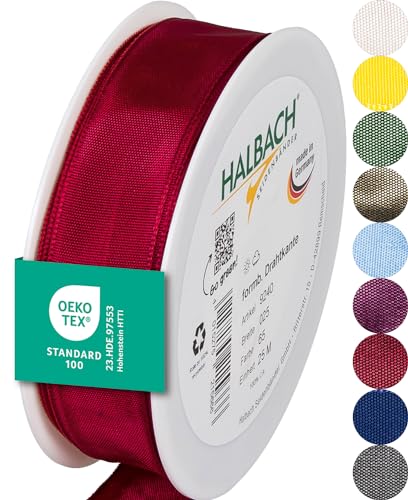 Halbach Seidenbänder Premium Geschenkband mit Drahtkante | Breite 25mm Länge 25m | Öko-Tex 100 zertifiziertes Schleifenband | Taftband Made in Germany, Farbe: weinrot von Halbach Seidenbänder