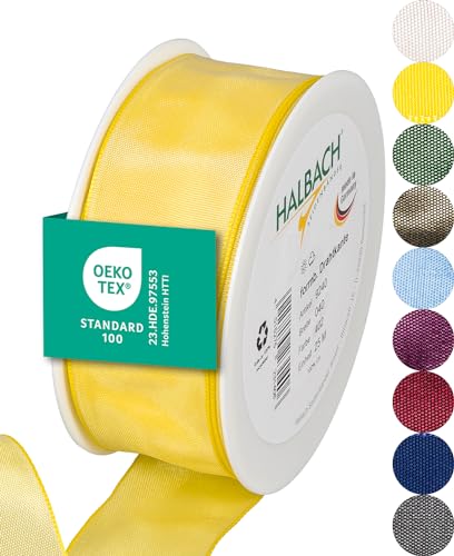 Halbach Seidenbänder Premium Geschenkband mit Drahtkante | Breite 40mm Länge 25m | Öko-Tex 100 zertifiziertes Schleifenband | Taftband Made in Germany, Farbe: hellgelb von Halbach Seidenbänder