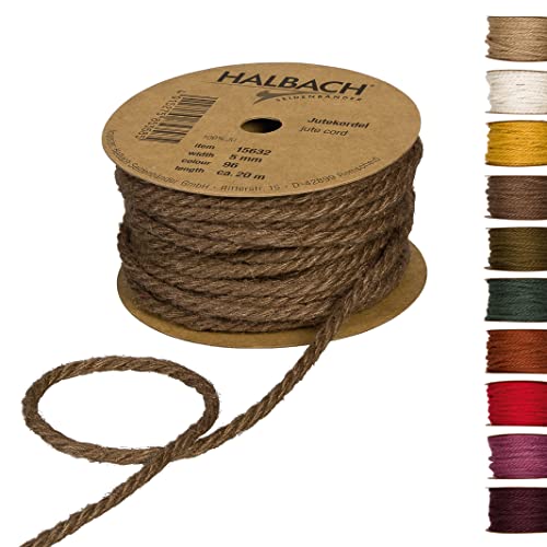 Halbach Seidenbänder Premium Juteschnur | Breite: 5mm Länge: 20m | Juteseil für Dekorationen, Jutekordel aus 100% natürlicher Jute für Garten und Geschenkverpackungen, Farbe: Braun von Halbach Seidenbänder