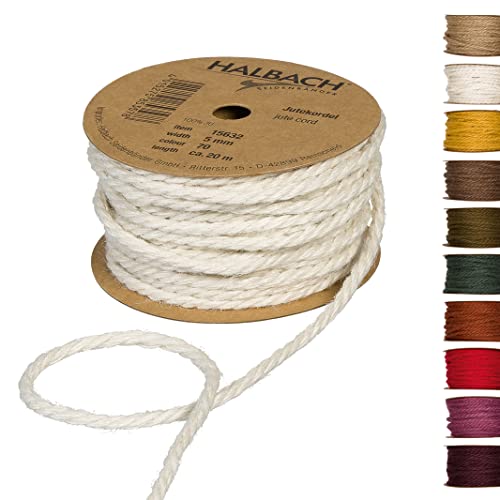 Halbach Seidenbänder Premium Juteschnur | Breite: 5mm Länge: 20m | Juteseil für Dekorationen, Jutekordel aus 100% natürlicher Jute für Garten und Geschenkverpackungen, Farbe: Creme von Halbach Seidenbänder