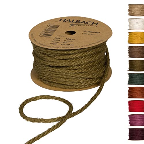 Halbach Seidenbänder Premium Juteschnur | Breite: 5mm Länge: 20m | Juteseil für Dekorationen, Jutekordel aus 100% natürlicher Jute für Garten und Geschenkverpackungen, Farbe: Olive Grün von Halbach Seidenbänder