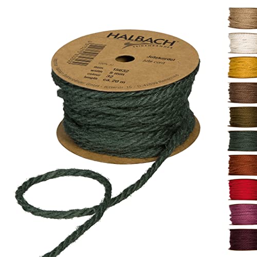 Halbach Seidenbänder Premium Juteschnur | Breite: 5mm Länge: 20m | Juteseil für Dekorationen, Jutekordel aus 100% natürlicher Jute für Garten und Geschenkverpackungen, Farbe: Tannengrün von Halbach Seidenbänder