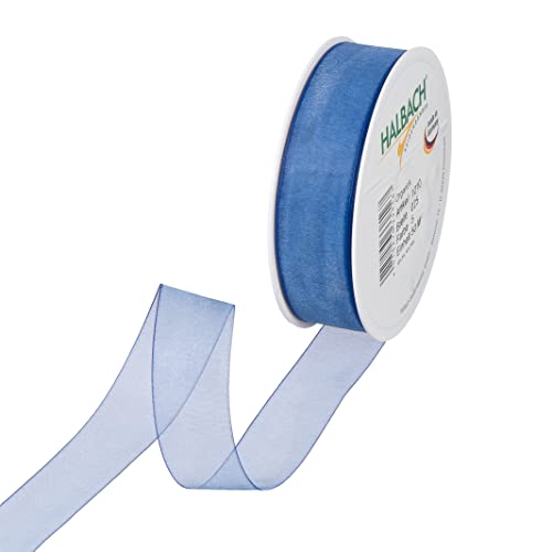 Halbach Seidenbänder Premium Organzaband Breite 25mm Länge 50 m Bastelband zum Verzieren von Geschenken, transparentes Band, Dekoband zum basteln, Farbe: blue von Halbach Seidenbänder