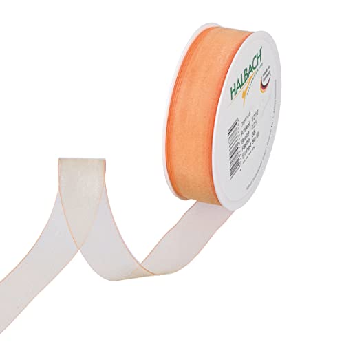 Halbach Seidenbänder Premium Organzaband Breite 25mm Länge 50 m Bastelband zum Verzieren von Geschenken, transparentes Band, Dekoband zum basteln, Farbe: orange von Halbach Seidenbänder