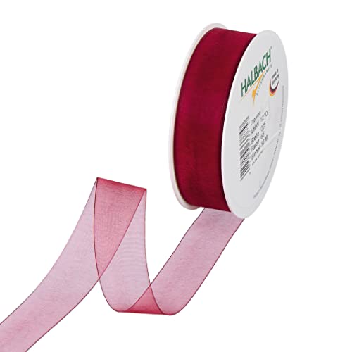 Halbach Seidenbänder Premium Organzaband Breite 25mm Länge 50 m Bastelband zum Verzieren von Geschenken, transparentes Band, Dekoband zum basteln, Farbe: wine red von Halbach Seidenbänder