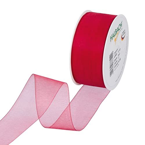 Halbach Seidenbänder Premium Organzaband Breite 40mm Länge 50 m Bastelband zum Verzieren von Geschenken, transparentes Band, Dekoband zum basteln, Farbe: red von Halbach Seidenbänder