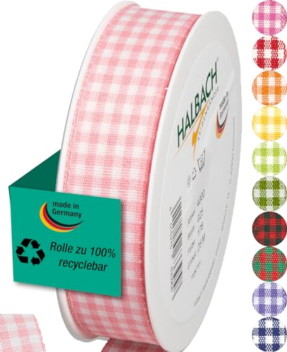 Halbach Seidenbänder Premium Vichy Karo Geschenkband (blasspink) | Breite 25mm Länge 25m | Karoband made in Germany | kariertes Schleifenband in vielen Farben von Halbach Seidenbänder