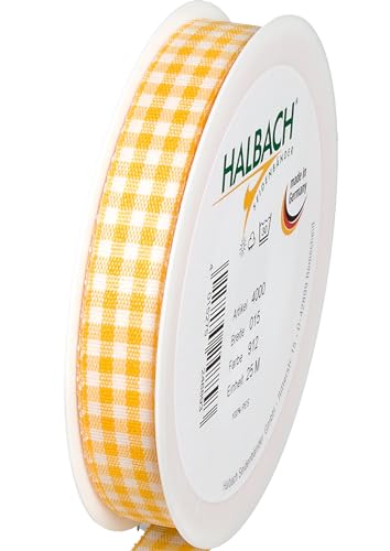 Halbach Seidenbänder Premium Vichy Karo Geschenkband (gelb) | Breite 15mm Länge 25m | Karoband made in Germany | kariertes Schleifenband in vielen Farben von Halbach Seidenbänder