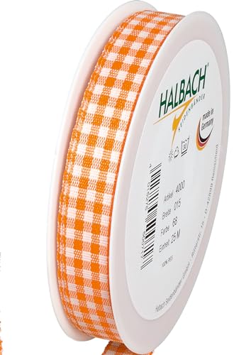 Halbach Seidenbänder Premium Vichy Karo Geschenkband (orange) | Breite 15mm Länge 25m | Karoband made in Germany | kariertes Schleifenband in vielen Farben von Halbach Seidenbänder