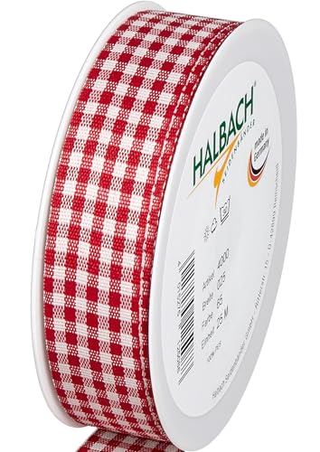 Halbach Seidenbänder Premium Vichy Karo Geschenkband (rot) | Breite 25mm Länge 25m | Karoband made in Germany | kariertes Schleifenband in vielen Farben von Halbach Seidenbänder