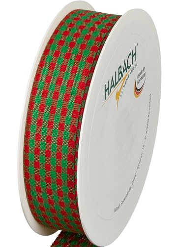 Halbach Seidenbänder Premium Vichy Karo Geschenkband (rot/dunkelgrün) | Breite 25mm Länge 25m | Karoband made in Germany | kariertes Schleifenband in vielen Farben von Halbach Seidenbänder